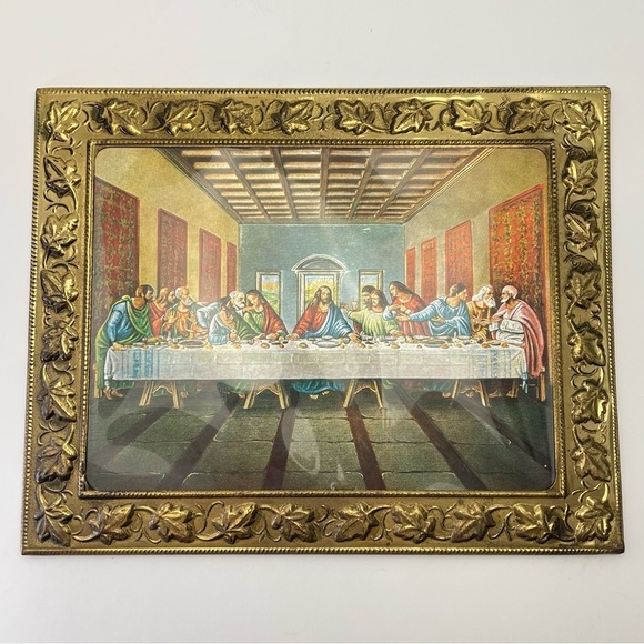 Vintage Last Supper Foil Tin Frame Picture 8 x 10 - Picture 4 of 7